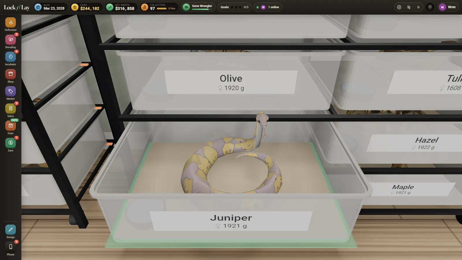 Tubs in a rack, each animal with its name and weight