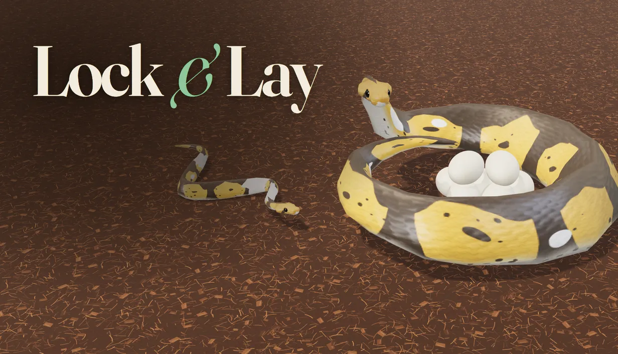 Lock and Lay key art: a banana pied ball python coiled around her eggs while a hatchling crawls away